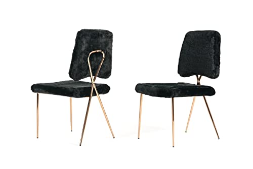 HomeRoots Black, Rosegold Set of 2 Glam Modern Black Faux Fur Dining Chairs