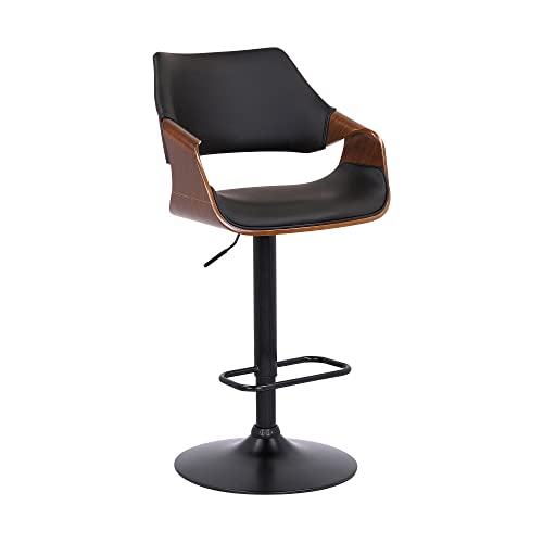 HomeRoots Wood, Metal, Foam Faux Leather Black Faux Leather and Walnut Wood and Black Swivel Adjustable Bar Stool