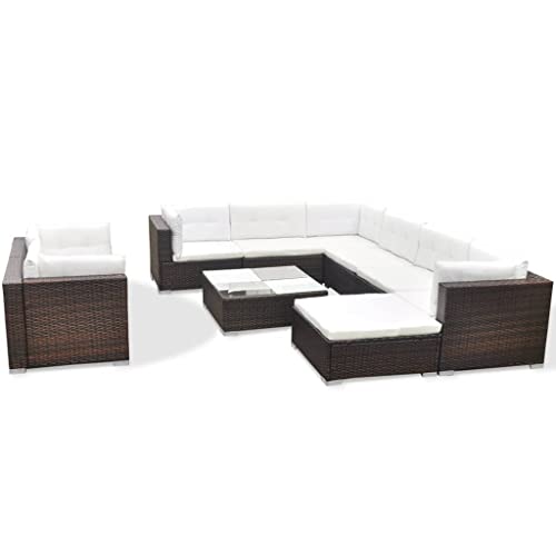 vidaXL Patio Furniture Set 10 Piece, Patio Conversation Set with Cushions, Outdoor Sectional Sofa with Coffee Table for Garden, Poly Rattan Brown