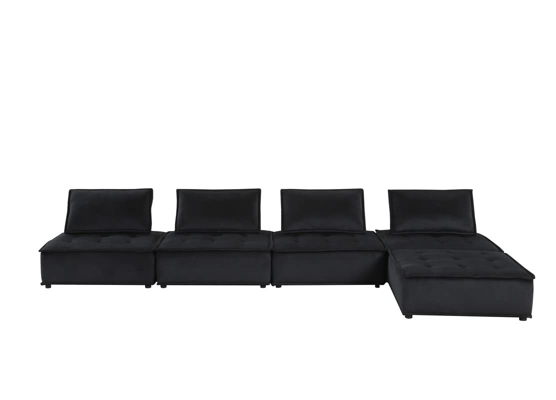 Lilola Home Anna Black Velvet 5 Pc Sectional Sofa Ottoman