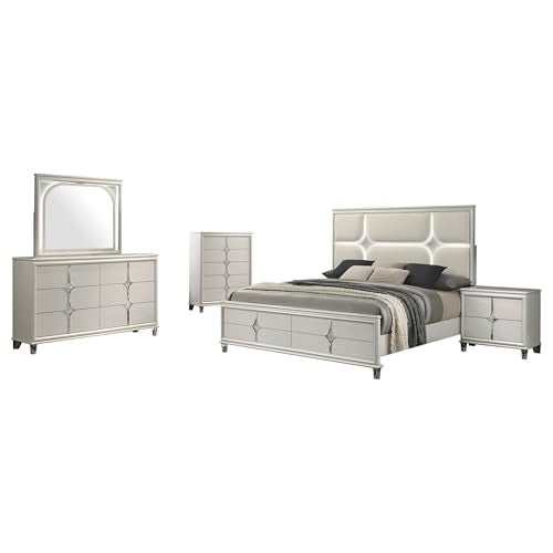 Coaster Home Furnishings Olivia Contemporary 5-Piece Bedroom Set Boucle Upholstered Queen Size LED Panel Bed Frame 64-inch Headboard Pearl White 224951Q-S5