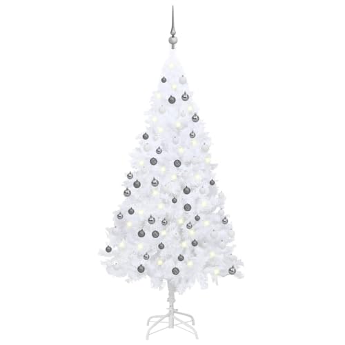 Vidaxl Artificial Christmas Tree In White, 70.9&quot; Pvc Material With Energy-Efficient Led Lights, Decorative Balls & Peak, Usb Connection, Easy Assembly, White And Gray Decorations