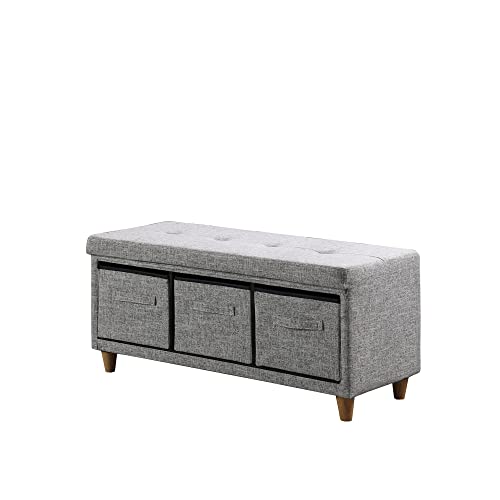 HomeRoots Polyester Gray Tufted Storage Bench with Basket Drawers