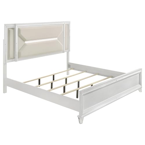 Coaster Home Furnishings Marmore Contemporary 5-Piece Bedroom Set Boucle Upholstered Queen Size LED Panel Bed Frame 64-inch Headboard White 224961Q-S5