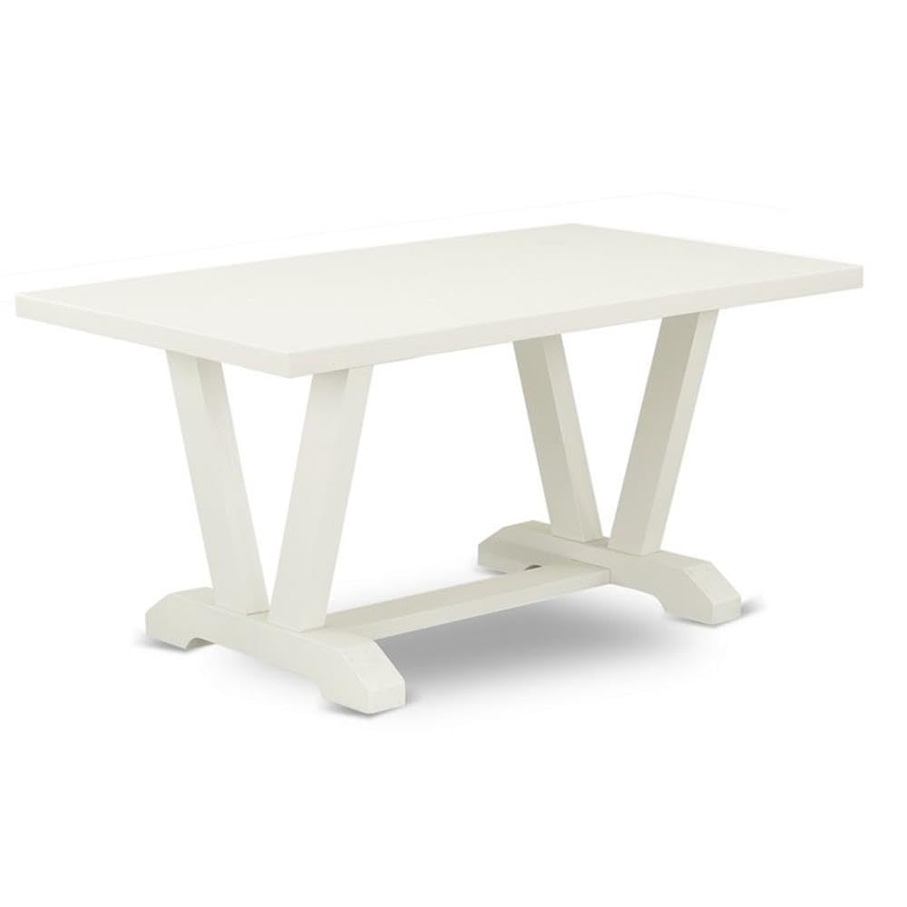 East West Furniture V-Style 6 Piece Room Set Contains A Rectangle Dining Table With V-Legs And 4 White Faux Leather Upholstered Chairs With A Bench, 36X60 Inch, V026Ab264-6