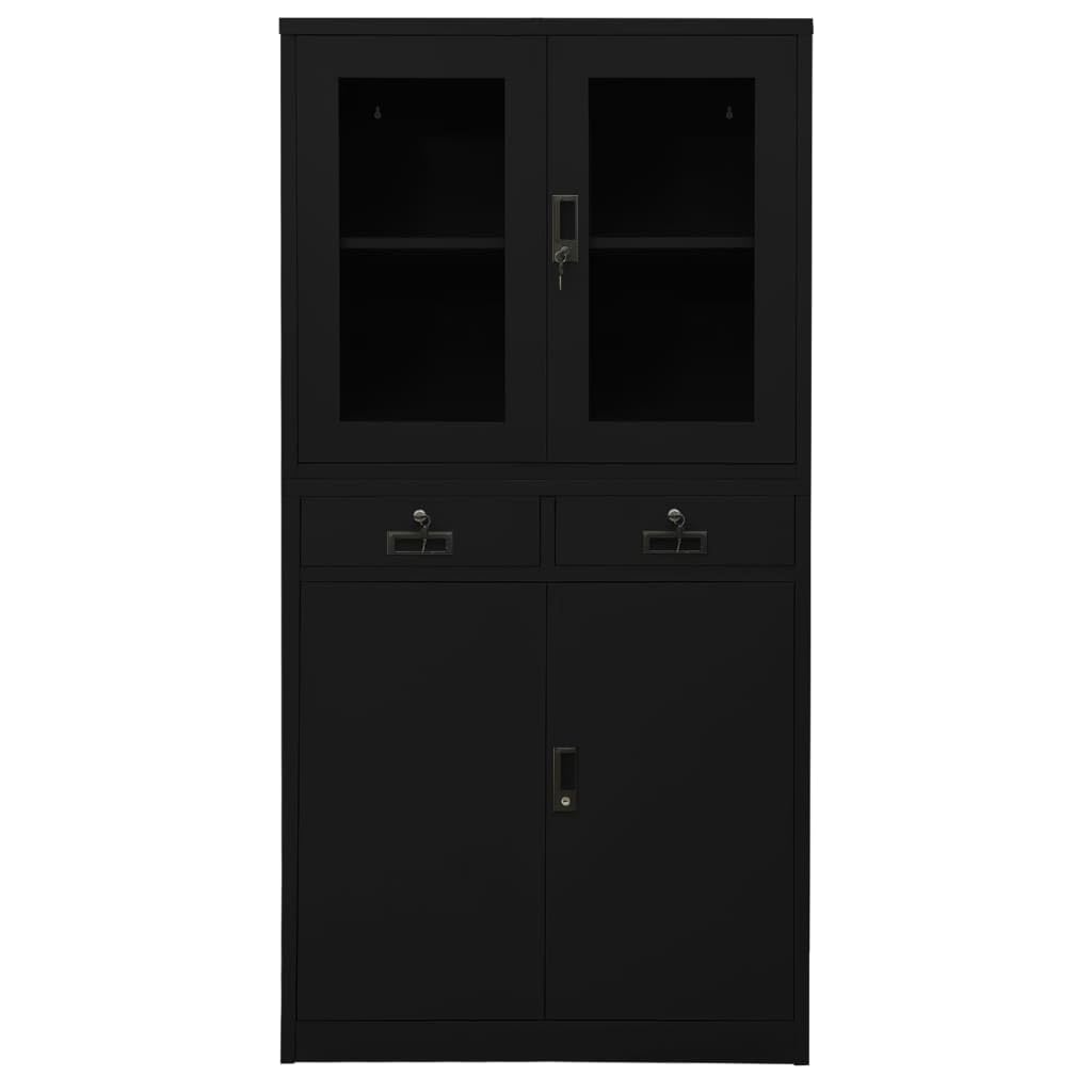 vidaXL Office Cabinet Black 35.4&quot;x15.7&quot;x70.9&quot; Steel and Tempered Glass