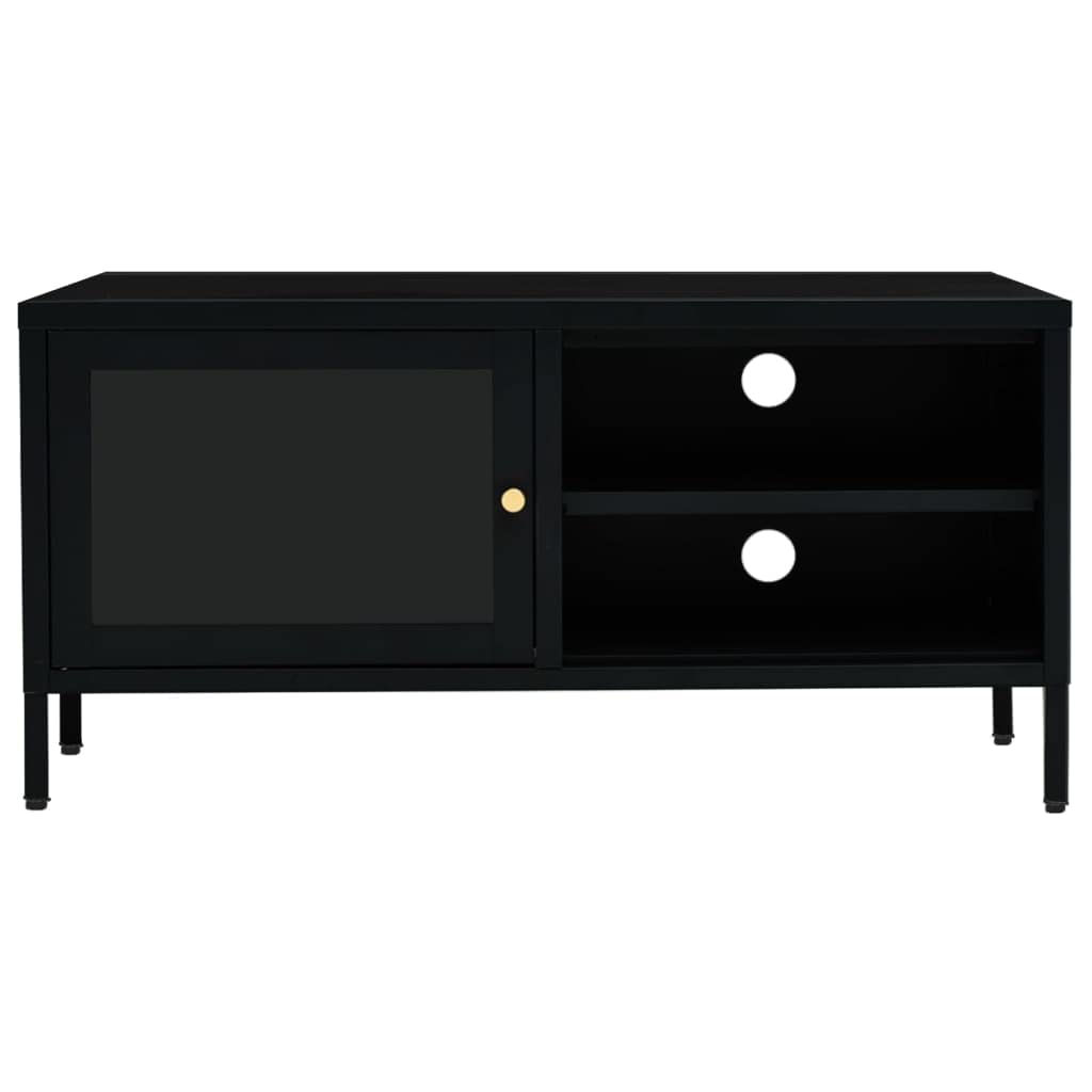 vidaXL Modern TV Stand Cabinet with Glass Door and Open Shelves, Black Powder-Coated Steel and Tempered Glass, 35.4&quot;x11.8&quot;x17.3&quot;