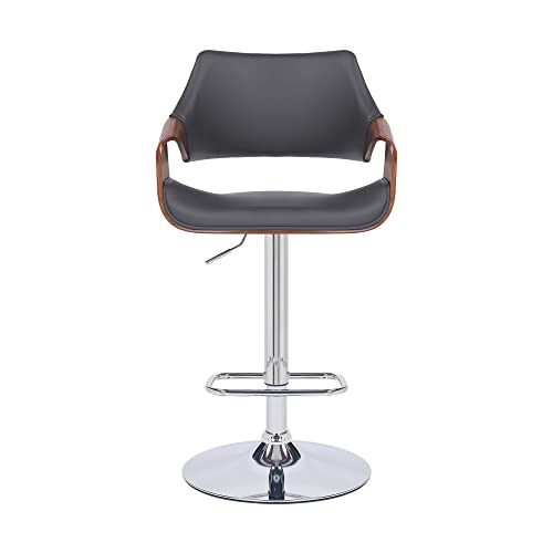 HomeRoots Gray Wood, Metal, Foam Faux Leather Grey Faux Leather and Walnut Wood and Chrome Swivel Adjustable Bar Stool