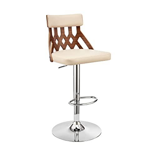 HomeRoots Poplar bentwood/Metal/Faux Leather/Foam Adjustable Cream Faux Leather and Walnut Lattice Bar Stool