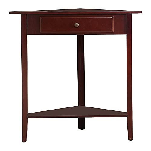 Pilaster Designs Contemporary Ulma Walnut Wood Corner Accent Side End Plant Stand Display Table with Storage Drawer & Shelf