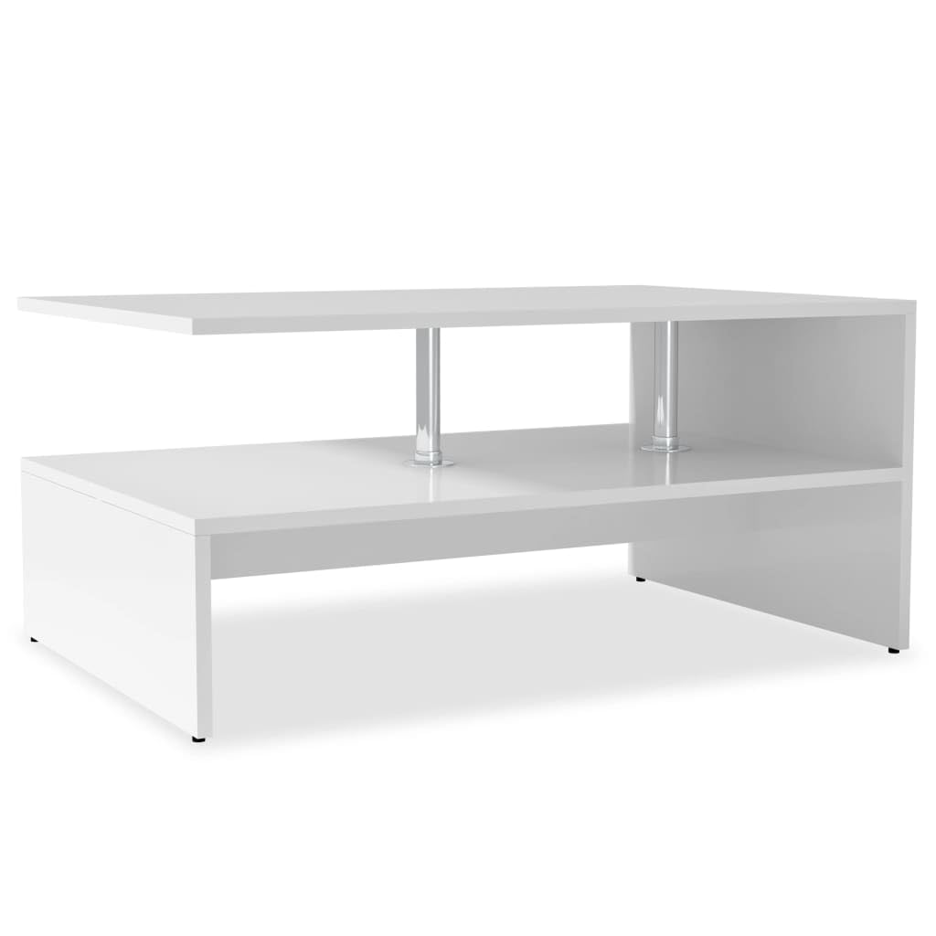 vidaXL Modern Matte White Coffee Table | Low Rectangular Design | Engineered Wood Construction | Stainless Steel Supports | Convenient Two-Shelves Storage | Easy Assembly