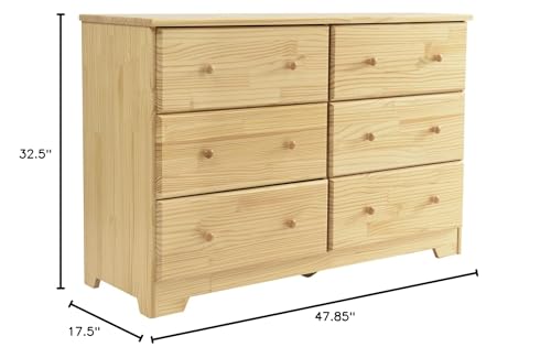 Better Home Products Solid Pine Wood 6 Drawer Double Dresser in Natural & White.