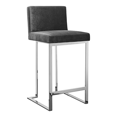 Pangea Home Dexter 26&quot; Modern Velvet & High Polished Steel Counter Stool In Gray