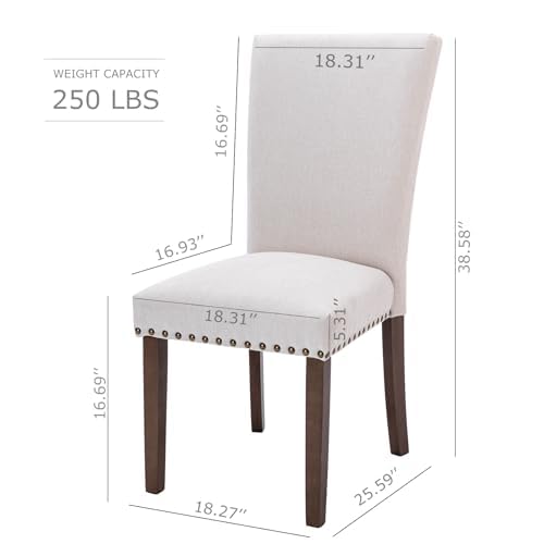 COLAMY Parsons Dining Chairs Set of 2, Upholstered Fabric Side Chair with Nailhead Trim, Wood Legs - Beige, A420-Light Grey