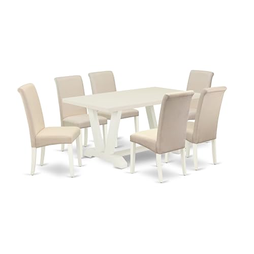 East West Furniture V026Ba201-7 7 Piece Dining Room Table Set Consist Of A Rectangle Kitchen Table With V-Legs And 6 Cream Linen Fabric Parson Dining Chairs, 36X60 Inch, Multi-Color