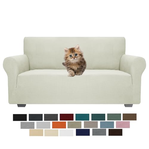 Jiviner High Stretch Loveseat Sofa Slipcovers 1-Piece Jacquard Couch Covers For 2 Cushion Couch Furniture Protector Washable Sofa Covers For Kids Pets Small Checks (Loveseat, Natural)