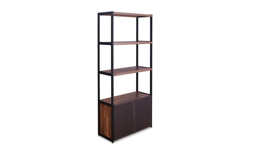 HomeRoots 486292 70 in. Brown & Black Metal Three Tier Bookcase with Two Doors