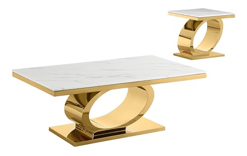 Best Quality Furniture Ct433 Coffee Table Set, 2-Piece, White/Gold