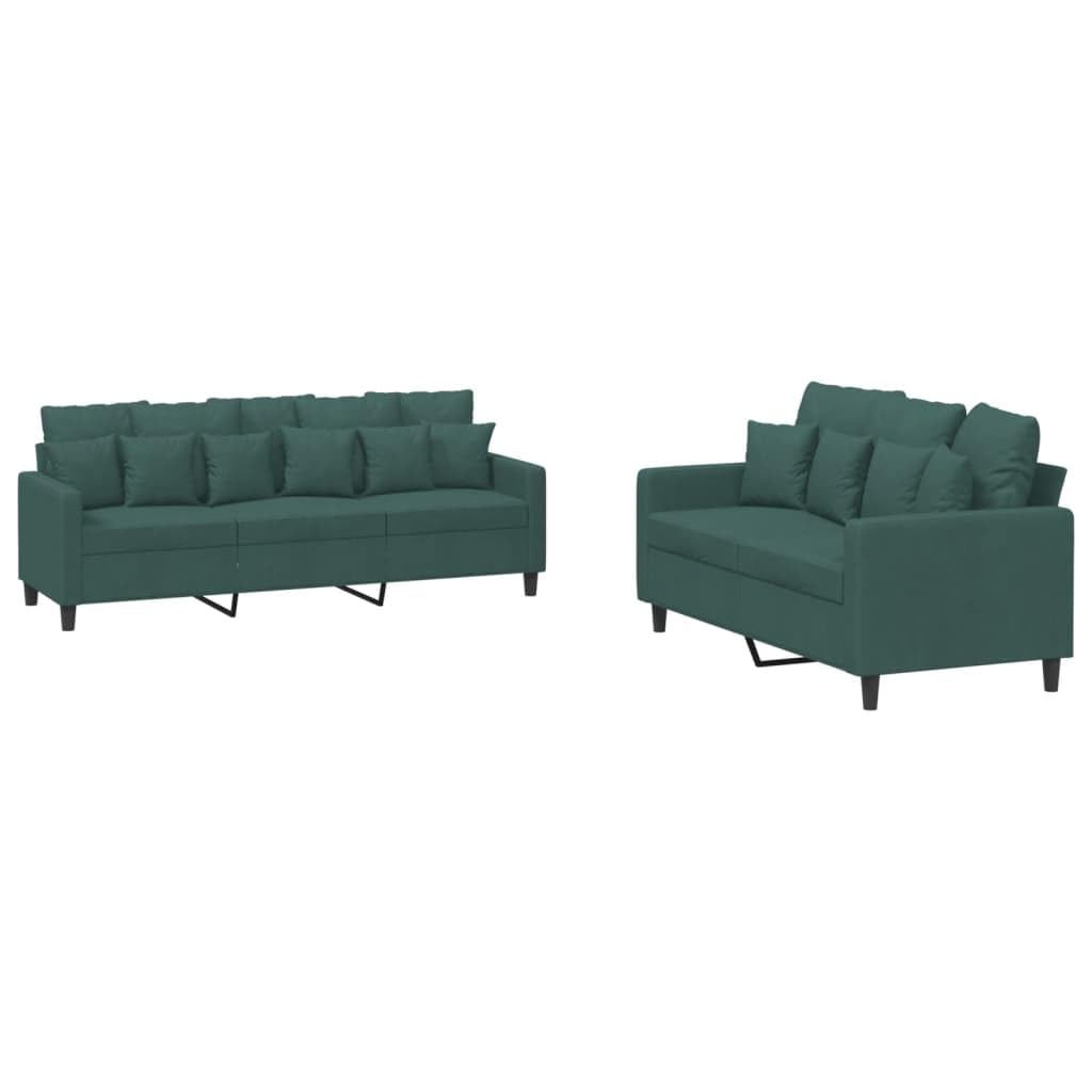 vidaXL Sofa Set with Cushions 2-Piece Dark Green Velvet - Comfortable Seats with Sturdy Plywood and Metal Frame for Living Room and Office