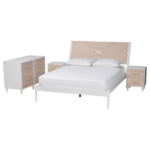 Baxton Studio Louetta Coastal White Carved Contrasting Queen Size 4-Piece Bedroom Set