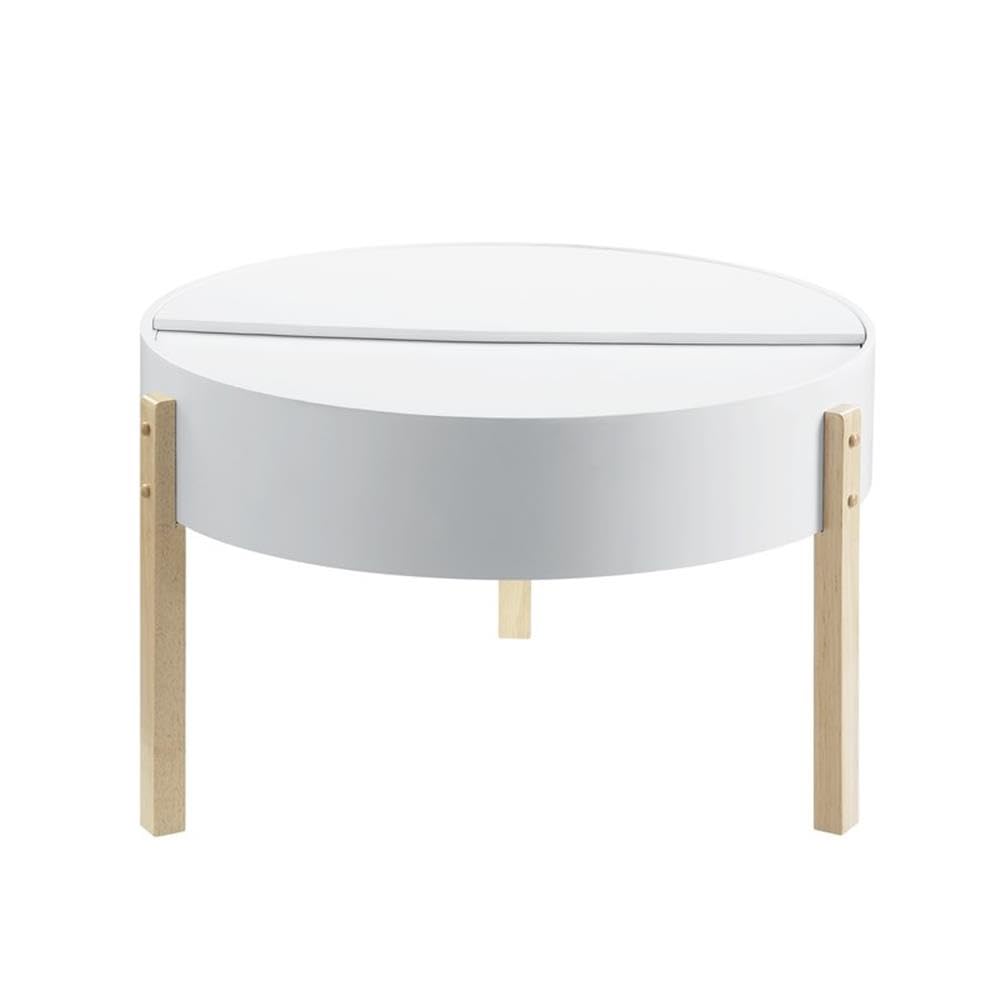 Acme Bodfish Round Wooden Coffee Table With Hidden Storage In White And Natural