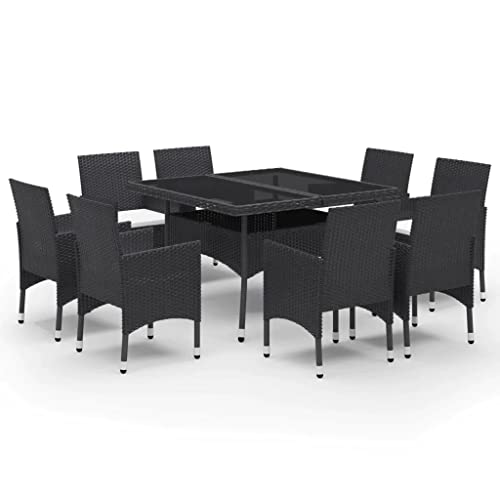 Vidaxl Patio Dining Set 9 Piece Outdoor Garden Terrace Yard Wooden Dining Table And Chair Seating Seat Furniture Poly Rattan And Glass Black