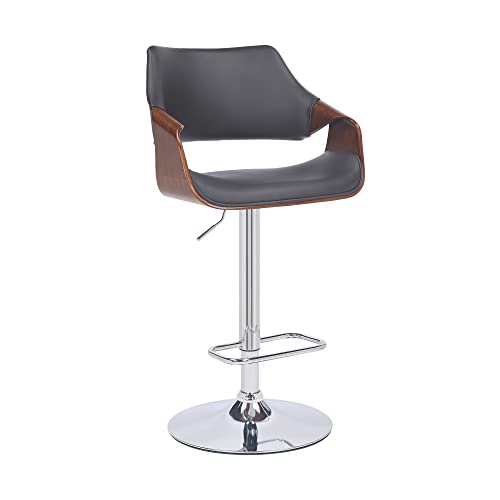 HomeRoots Gray Wood, Metal, Foam Faux Leather Grey Faux Leather and Walnut Wood and Chrome Swivel Adjustable Bar Stool