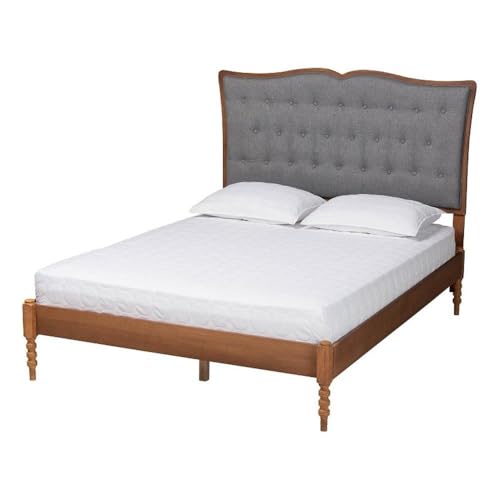 Baxton Studio Ballari Classic and Traditional Grey Fabric and Walnut Brown Finished Wood Queen Size Platform Bed