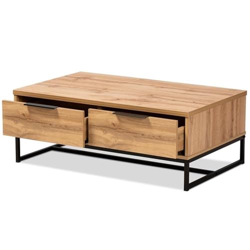 Baxton Studio Franklin Modern and Contemporary Oak Brown Finished Wood and Black Finished Metal 2-Drawer Coffee Table Brown/Wood