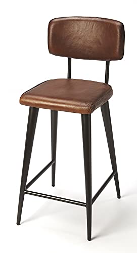 HomeRoots Iron; Black Finish, Leather, Plywood Dark Brown Leather Bar Stool