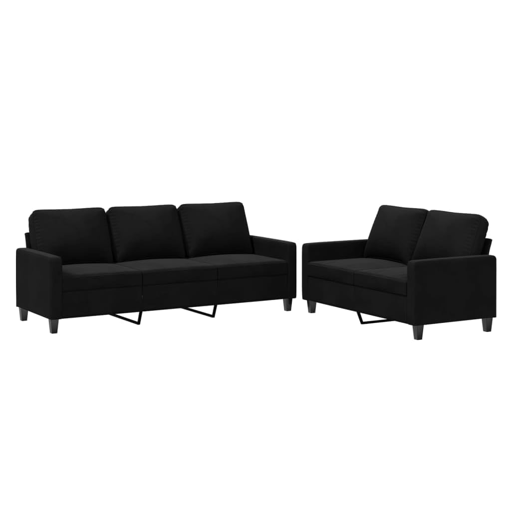 vidaXL 2-Piece Sofa Set with Cushions in Black Velvet- Modern Living Room/Couch Set, Suitable for Lounge, Bedroom Or Office
