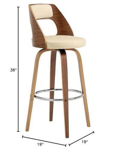 HomeRoots Bent Wood/Metal/Faux Leather 26' Retro Mod Cream Faux Leather and Walnut Swivel Counter Stool