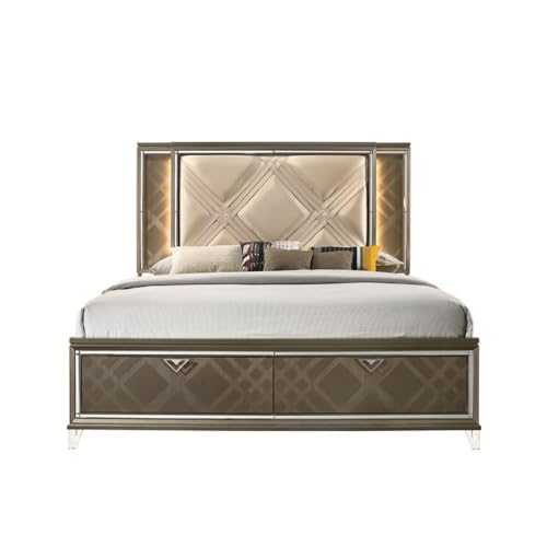 Acme Skylar Queen Bed with Storage in LED in PU and Dark Champagne