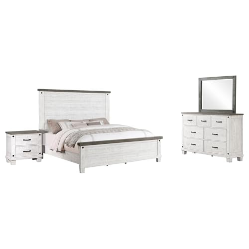 Coaster Home Furnishings Lilith Farmhouse 4-Piece Bedroom Set Queen Size Panel Bed Frame 69-Inch Headboard Distressed White 224471Q-S4