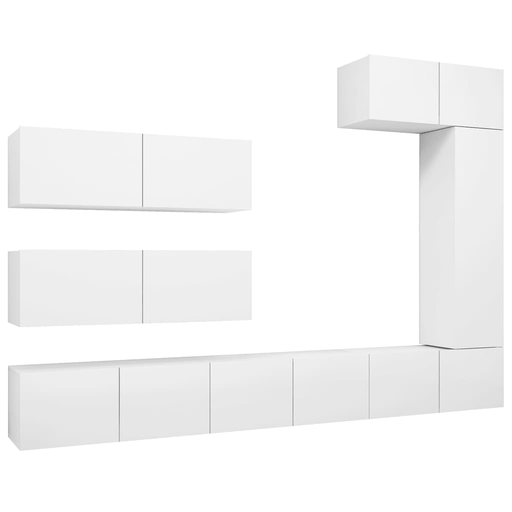 vidaXL White TV Cabinet Set, 7 Piece, Engineered Wood, Wall-Mounted, Modern Design - Contemporary Living Room Furniture with Multiple Storage Compartments