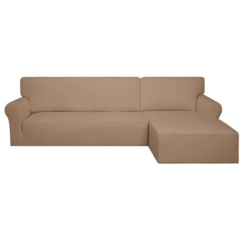 Purefit Super Stretch Sectional Couch Covers - 2 Pcs Spandex Non Slip Sofa Covers With Elastic Bottom For L Shape Sectional Sofa Couch, Great For Kids & Pets (3 Seat Sofa + 2 Seat Chaise, Camel)