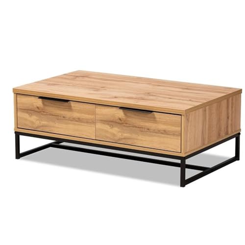 Baxton Studio Franklin Modern and Contemporary Oak Brown Finished Wood and Black Finished Metal 2-Drawer Coffee Table Brown/Wood