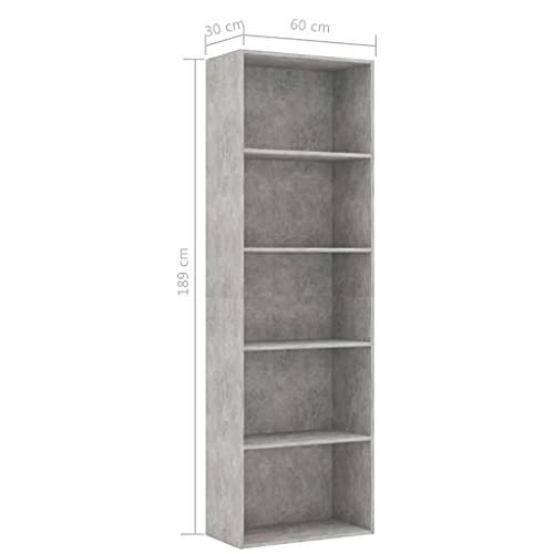 vidaXL Bookshelf, 5-Tier Book Cabinet Bookcase, Wall Bookshelf for Living Room, Freestanding Shelving Unit, Modern, Concrete Gray Engineered Wood