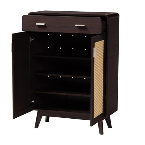 Baxton Studio Giancarlo Mid-Century Modern Espresso Brown Wood 2-Door Shoe Cabinet with Rattan Door