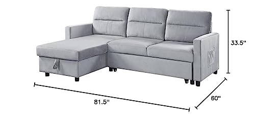 Lilola Home Ivy Light Gray Velvet Reversible Sleeper Sectional Sofa with Storage Chaise and Side Pocket
