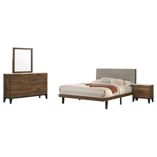 Coaster Home Furnishings Mays Contemporary 4-Piece Bedroom Set Fabric Upholstered Eastern King Size Panel Bed Frame 43-Inch Headboard Walnut 215961Ke-S4