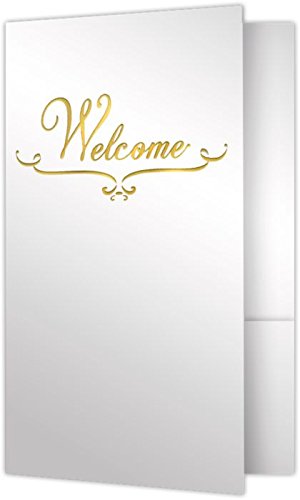 Welcome Folders - Gold Foil Stamped Design - Bright White Gloss (25 Qty) | Perfect For Hotel Welcome Baskets, Wedding Programs,