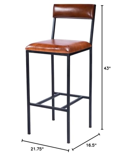 HomeRoots Medium Brown Iron; Black Metal Finish, Leather, Plywood Classic Leather and Metal Bar Stool