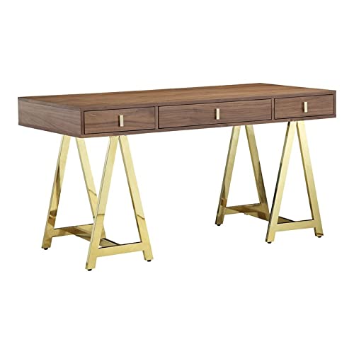 Pangea Home Riley Modern Wood Veneer And Steel Desk In Walnut/Gold