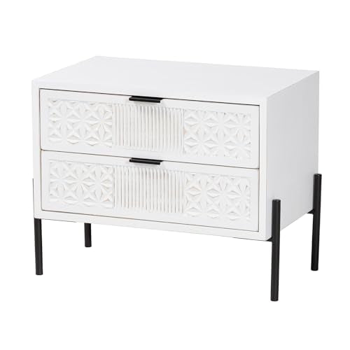 Baxton Studio Merryn Mid-Century Transitional Distressed White Finished Wood And Black Metal 2-Drawer Storage Cabinet