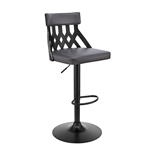 HomeRoots Poplar bentwood/Metal/Faux Leather/Foam Adjustable Gray Faux Leather and Black Lattice Bar Stool