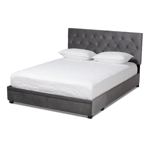 Baxton Studio Caronia Modern And Contemporary Grey Velvet Fabric Upholstered 2-Drawer Queen Size Platform Storage Bed