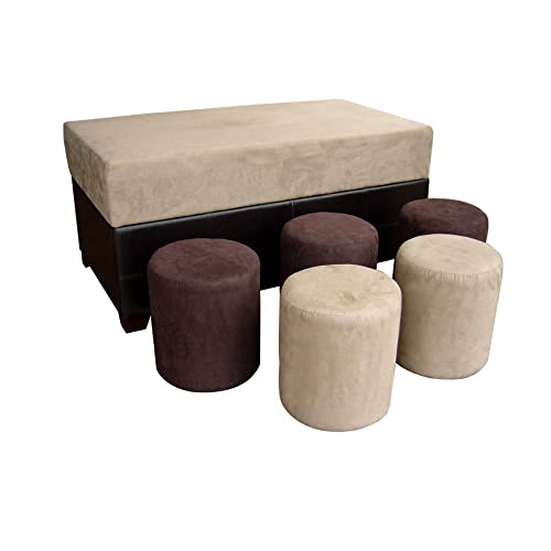 HomeRoots Microfiber/Wood/Leather Brown Six Piece Microfiber Storage Bench with Ottomans