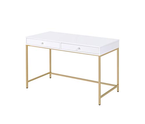 HomeRoots Metal, Wood Engineered Wood 31' X 20' X 47' Metal, Wood, and Engineered Wood Desk, White High Gloss & Gold