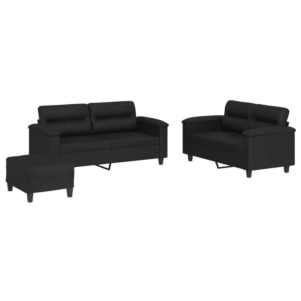 vidaXL 3-Piece Sofa Set - Black Faux Leather Loveseat with Cushions and Footstool, Plywood and Metal Frame, Padded Comfort for Living Room